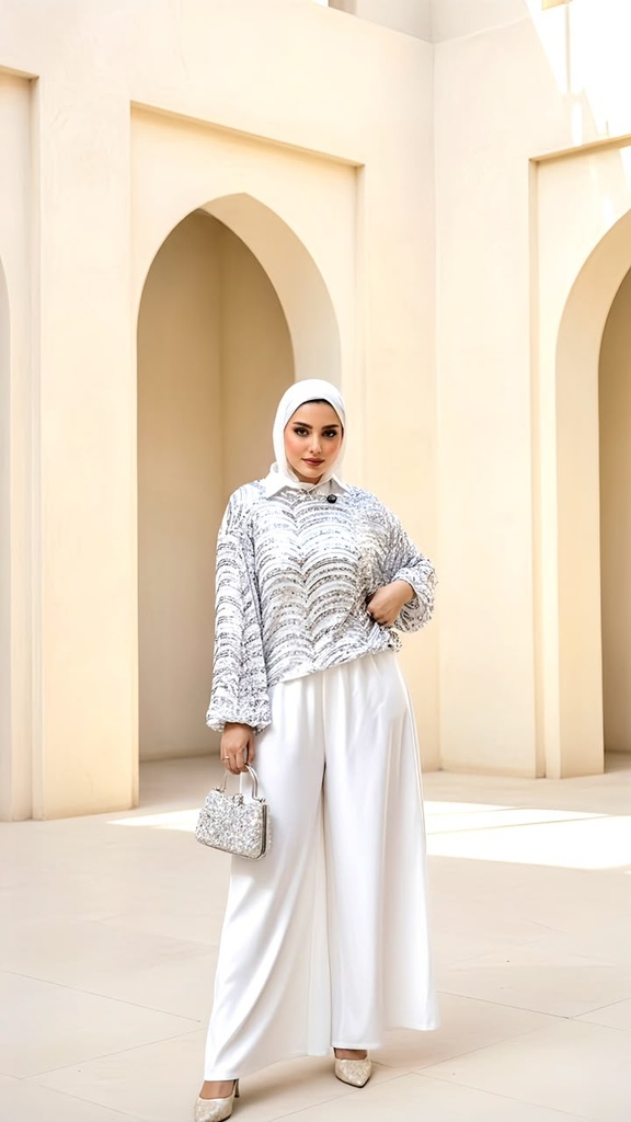 Fully Embroidered Poncho Satin Pants Suit