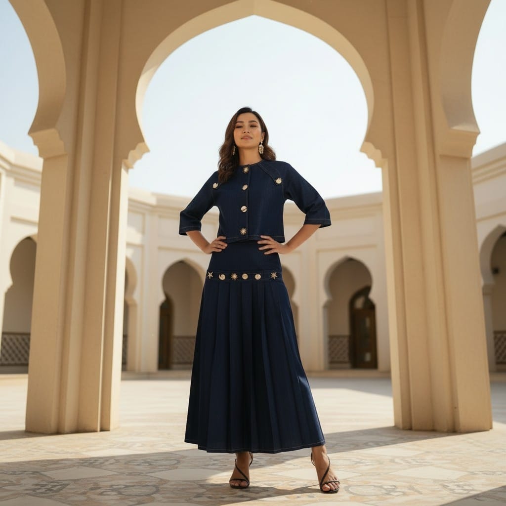 Gold Brooch Denim Skirt Suit