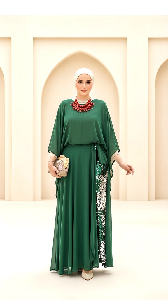 Chiffon Poncho Embroidered Pants Suit 