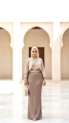 [sum26] Shimmer Ruched Top Sequin Skirt Suit